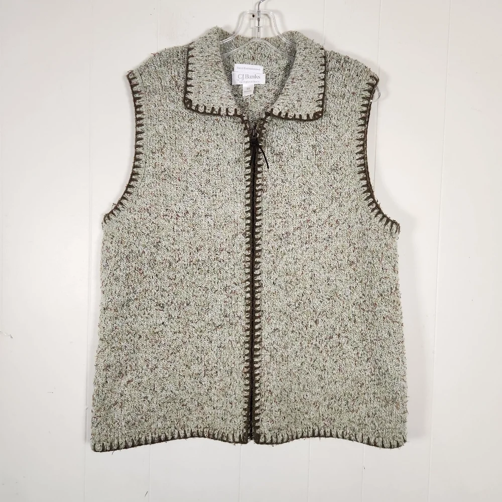 Vtg Christopher & Banks Hand Embroidered Oatmeal Zipper Sweater Vest Size 1x